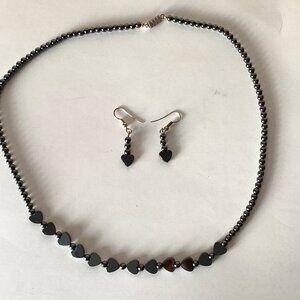 Vintage Costume Retro Black Jewelry Heart Shape Necklace Pierced Earrings